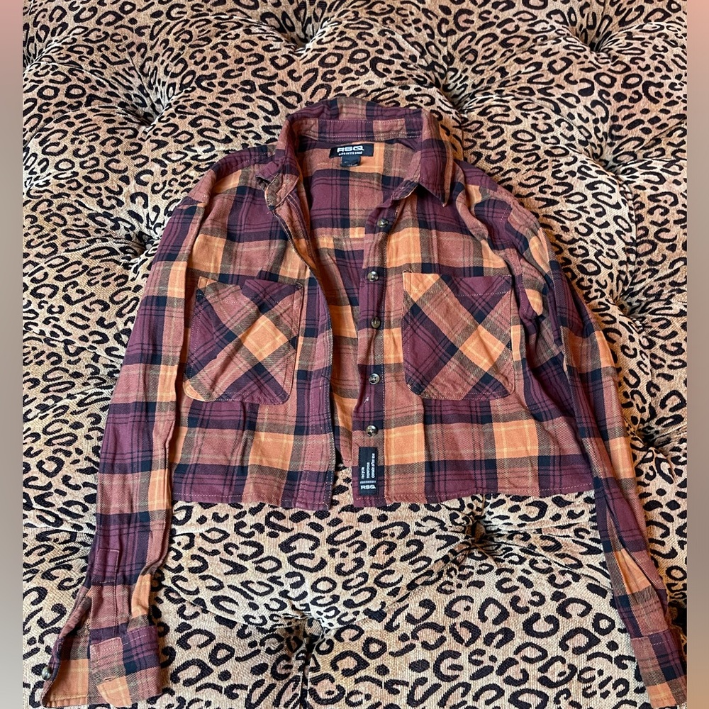 RSQ Orange and Plum Plaid Cropped Shirt Jacket